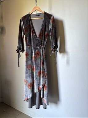 Nasty Gal Gray Velvet Wrap Dress with Rust Floral Print
